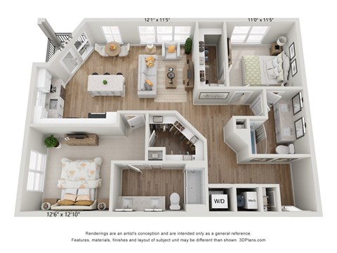 Floor plan for 2 beds, 2 baths, 1240 sqft